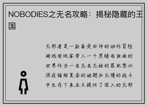 NOBODIES之无名攻略：揭秘隐藏的王国