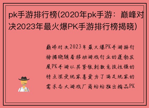 pk手游排行榜(2020年pk手游：巅峰对决2023年最火爆PK手游排行榜揭晓)