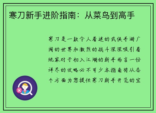 寒刀新手进阶指南：从菜鸟到高手