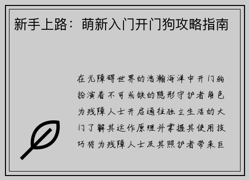 新手上路：萌新入门开门狗攻略指南