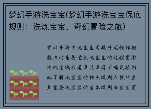 梦幻手游洗宝宝(梦幻手游洗宝宝保底规则：洗炼宝宝，奇幻冒险之旅)