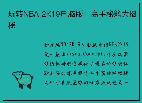 玩转NBA 2K19电脑版：高手秘籍大揭秘