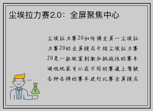尘埃拉力赛2.0：全屏聚焦中心