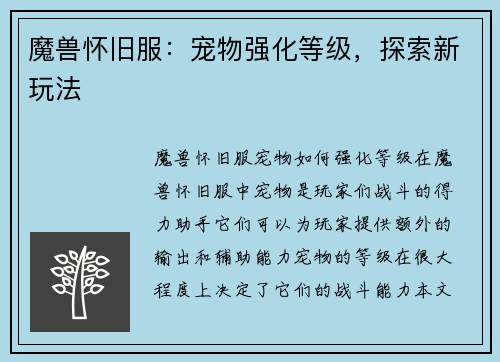 魔兽怀旧服：宠物强化等级，探索新玩法