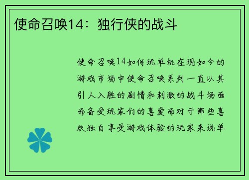 使命召唤14：独行侠的战斗